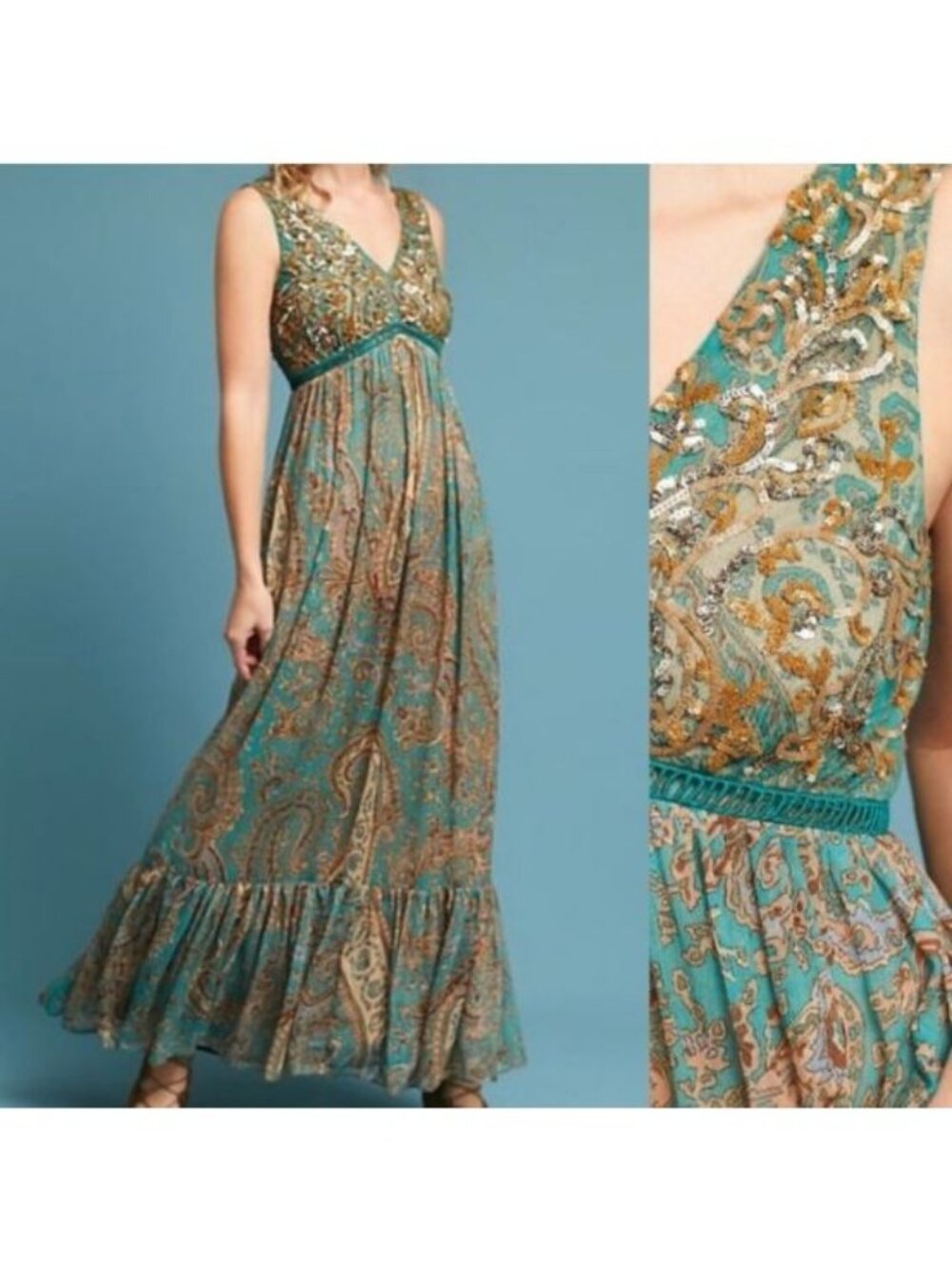 Ranna Gill Teal Gold Sequin Paisley Maxi Dress Size 2 Embellished Boho Luxe